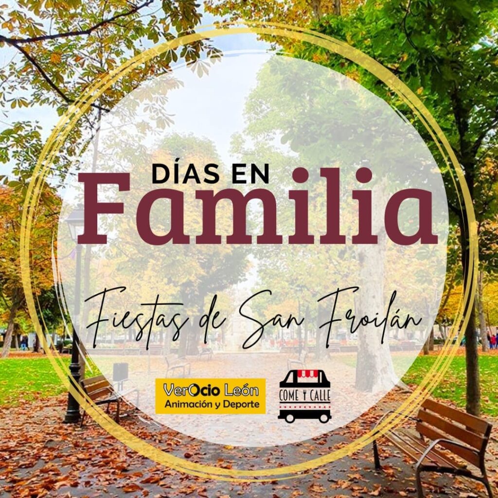 Días en Familia en VerOcio León durante las Fiestas de San Froilán, evento otoñal en un parque con árboles y hojas caídas, ideal para disfrutar actividades creativas en familia.