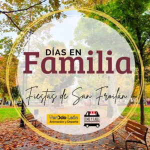 Días en Familia en VerOcio León durante las Fiestas de San Froilán, evento otoñal en un parque con árboles y hojas caídas, ideal para disfrutar actividades creativas en familia.